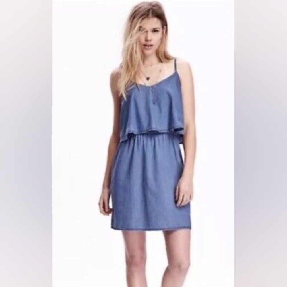 Old Navy Chambray Overlay Denim Blue Spaghetti Strap Dress Size Small
